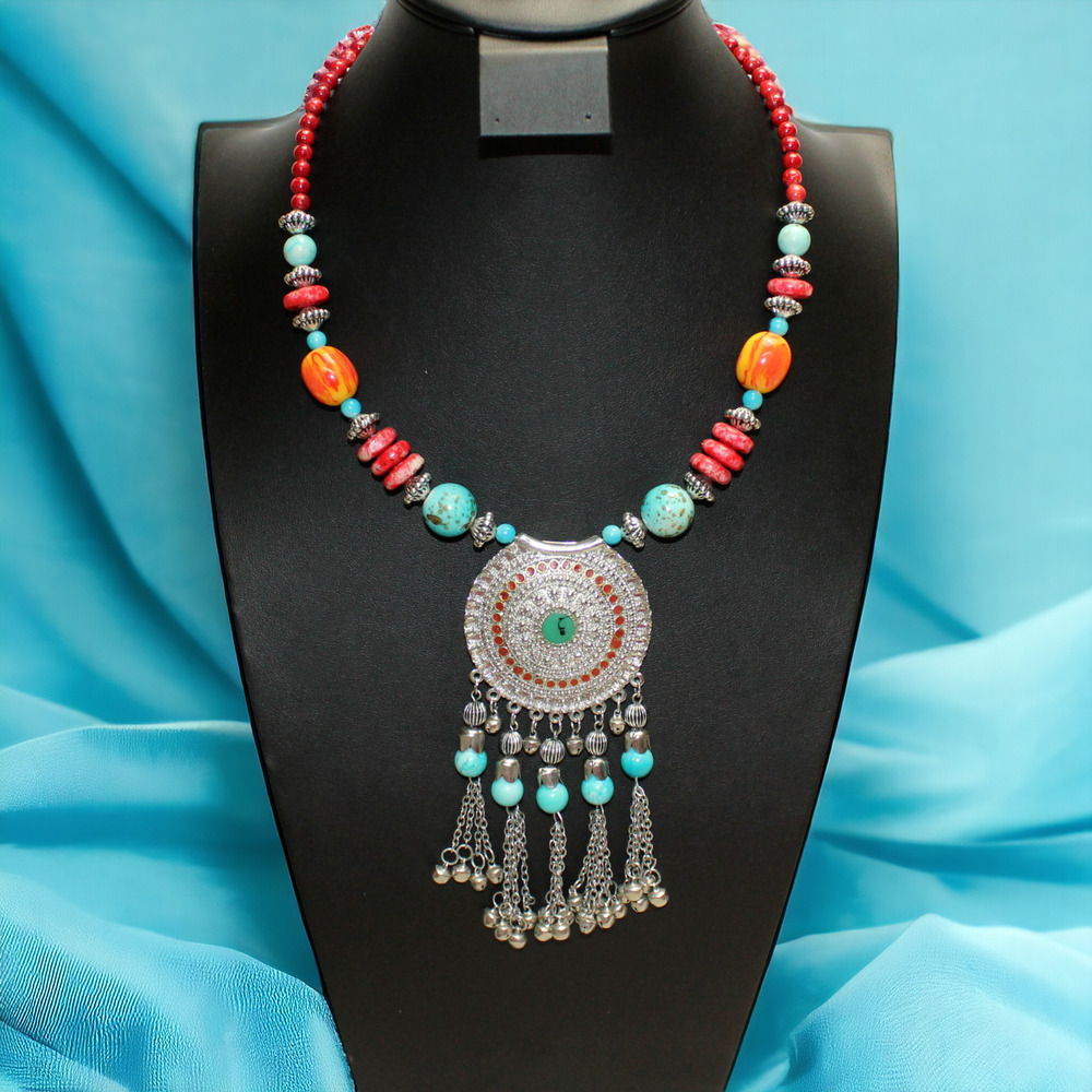 Silver Tone Native Indigenous Style Medallion Tassels Bells Statement Necklace